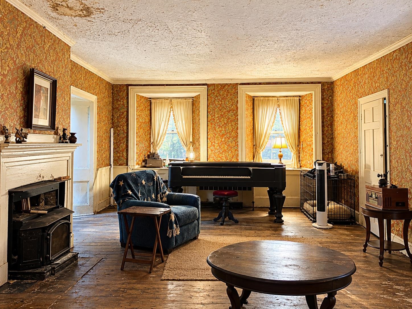 Living room with a grand piano, ornate orange wallpaper, and a white fireplace.