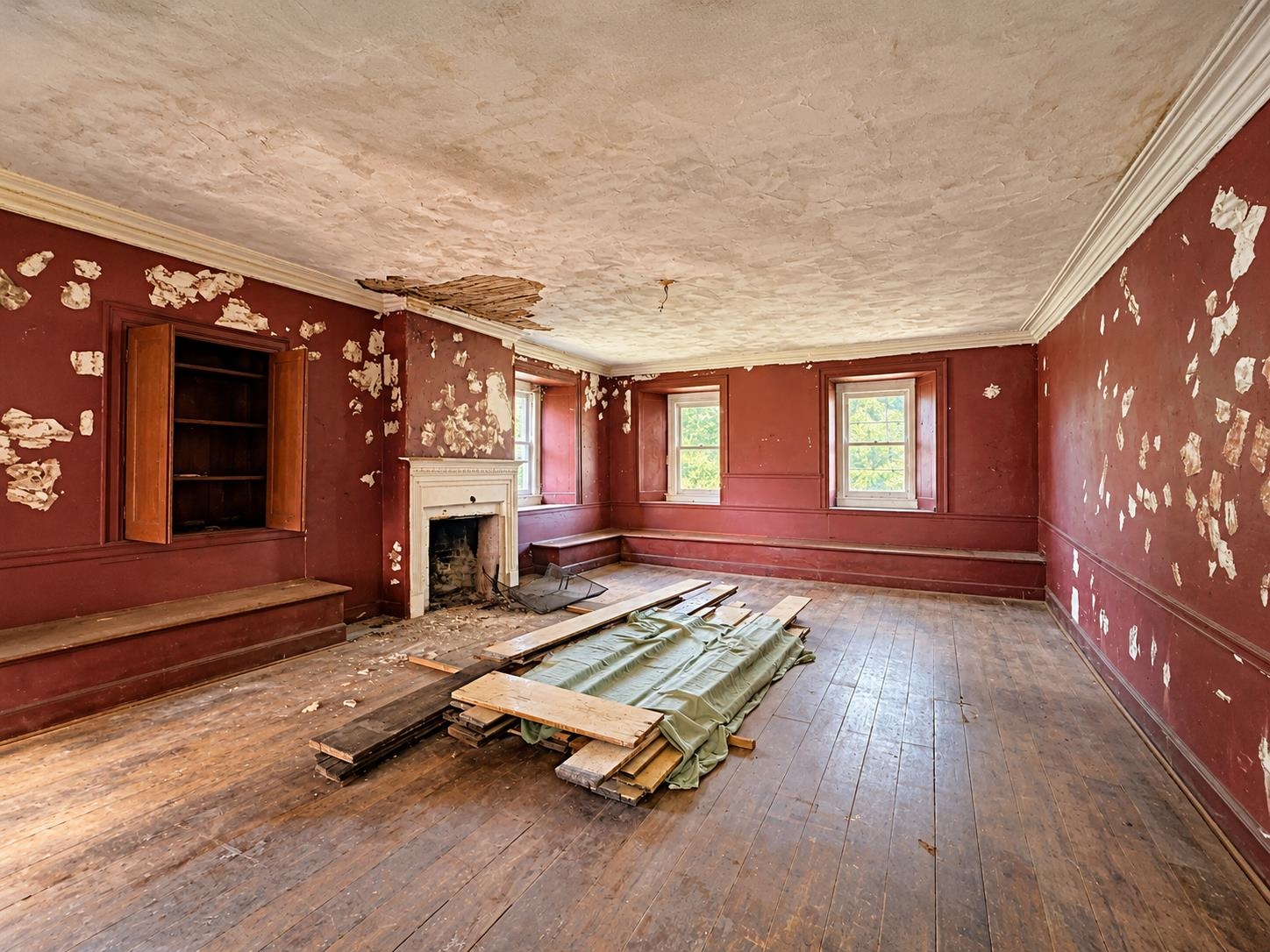 Room with peeling red walls, a damaged ceiling, a fireplace, and boards stacked on the floor.