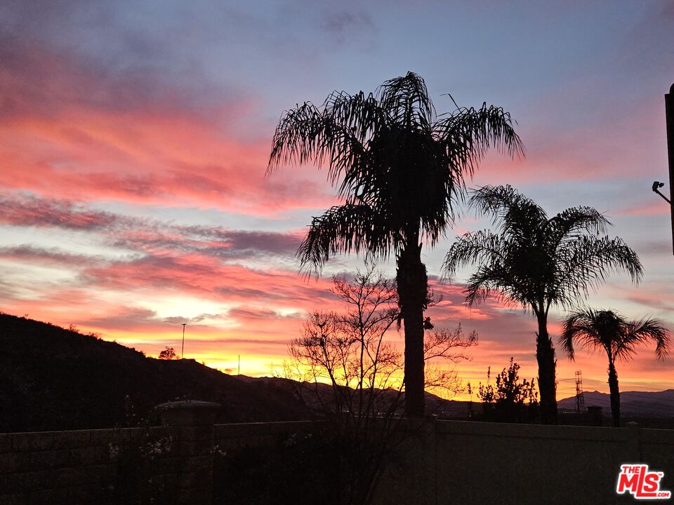 Sunset view with silhouetted palm trees and rolling hills beyond a low wall.