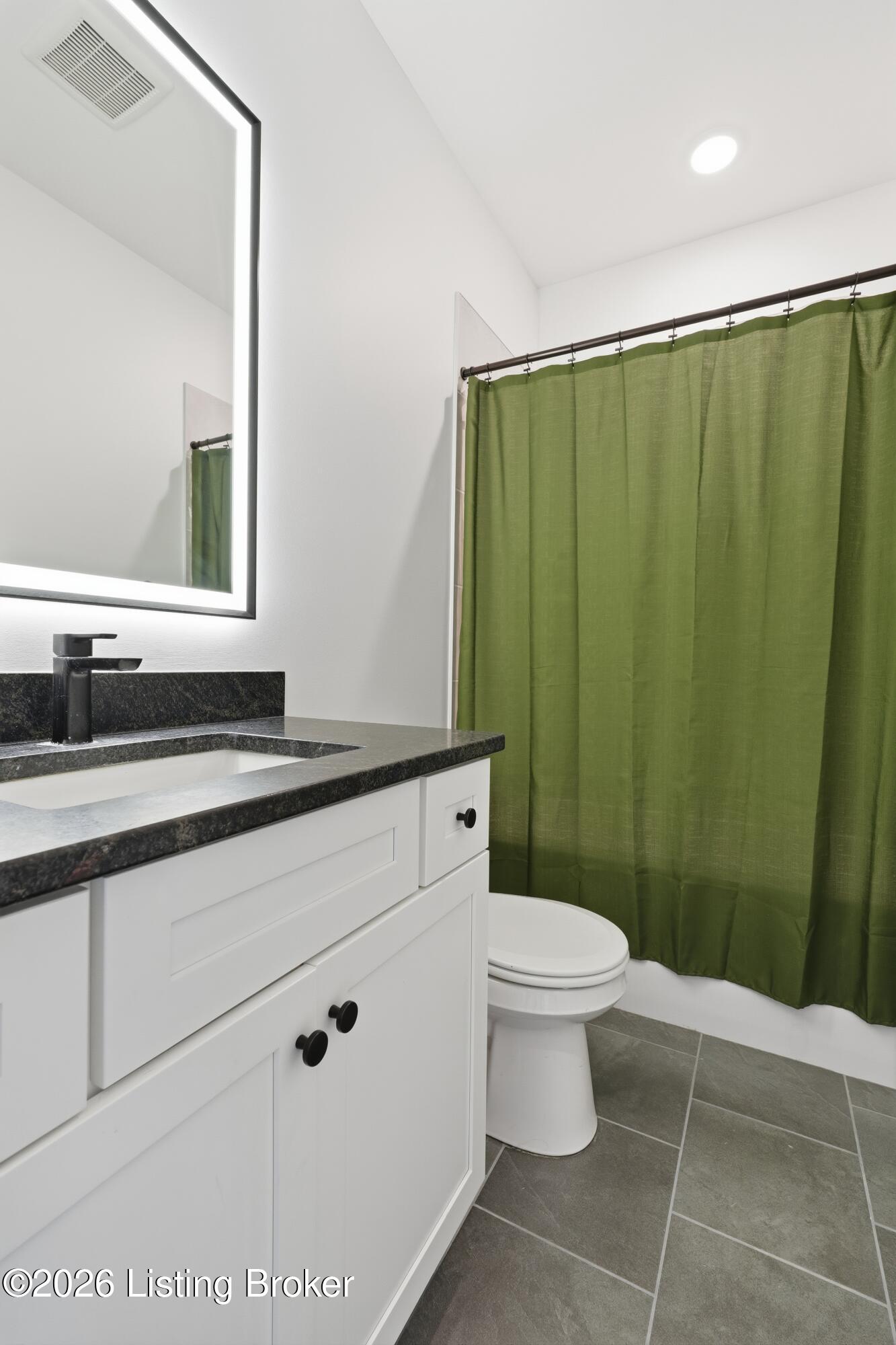 Bathroom with a white vanity, dark countertop, toilet, and green shower curtain.