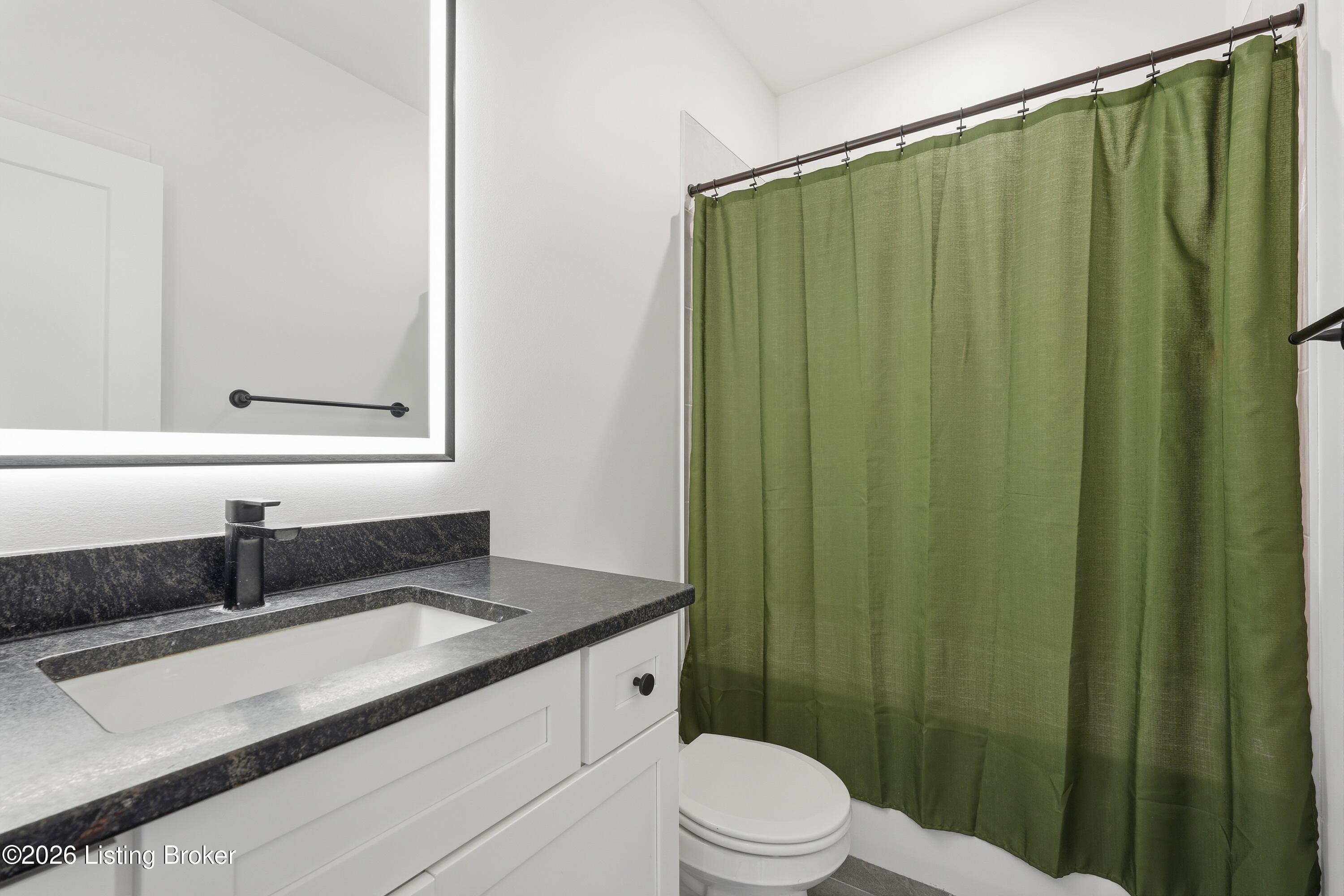 Bathroom with a dark stone vanity, white sink, and olive-green shower curtain.
