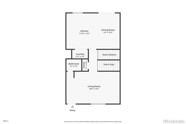 First-floor plan showing a kitchen, dining room, living room, bathroom, laundry, and stairs.