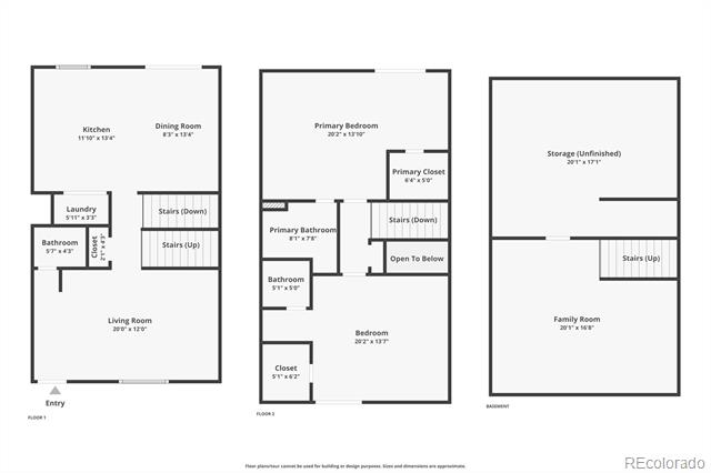 Three-level floor plan showing labeled rooms, including a basement family room and unfinished storage area.