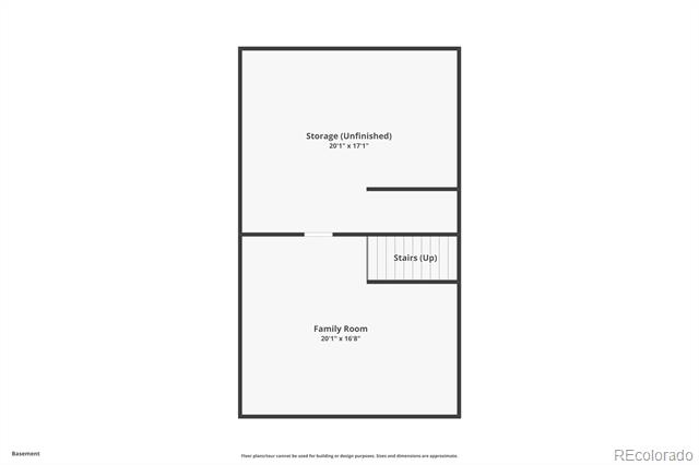 Basement floor plan with an unfinished storage area, family room, and stairs up.