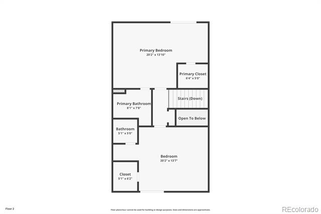 Second-floor plan showing two bedrooms, two bathrooms, closets, stairs, and an open-to-below area.