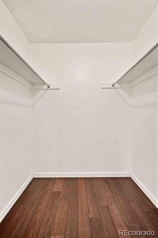 Empty walk-in closet with side shelving and hanging rods above a dark hardwood floor.