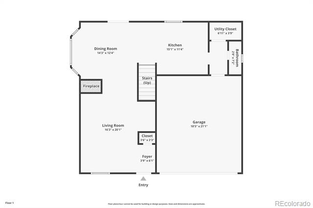First-floor layout of 21621 Stoll Place, showing living room, kitchen, dining room, garage, and entry.