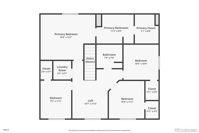 Second-floor plan with a primary suite, three bedrooms, a loft, laundry room, and two bathrooms.