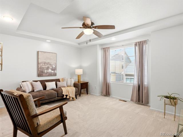 Living room with a brown sofa, wooden armchair, tray ceiling, and large curtained window.