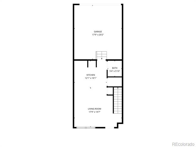Floor plan with a garage, kitchen, living room, bathroom, and stairs.