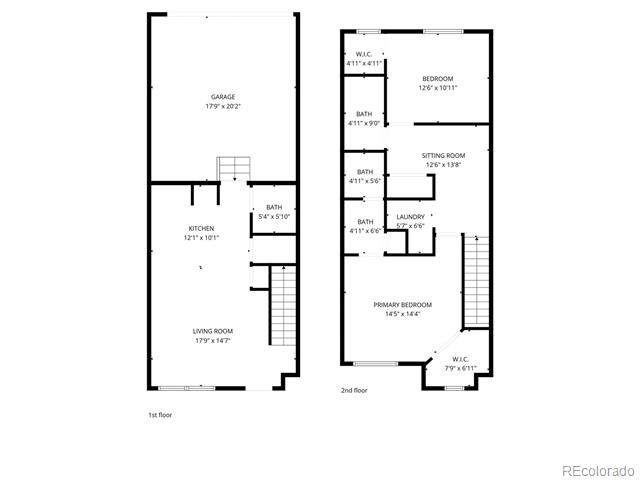 Two-story floor plan with garage, living room, kitchen, bedrooms, sitting room, bathrooms, and laundry.