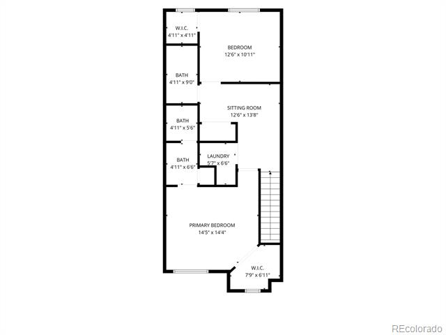 Floor plan with two bedrooms, a sitting room, three bathrooms, laundry, two walk-in closets, and stairs.