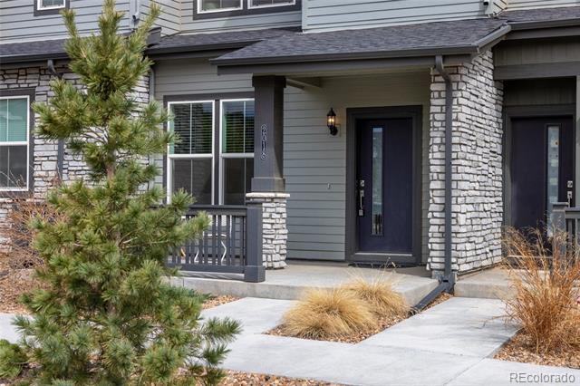 Home entrance with a dark front door, stone columns, and a concrete walkway.