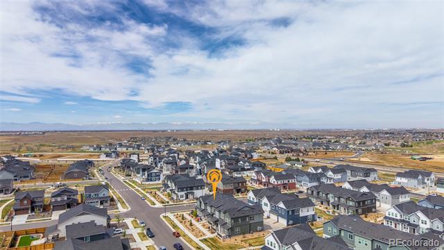 Aerial view of the featured Aurora home, marked with an orange pin amid a residential neighborhood.