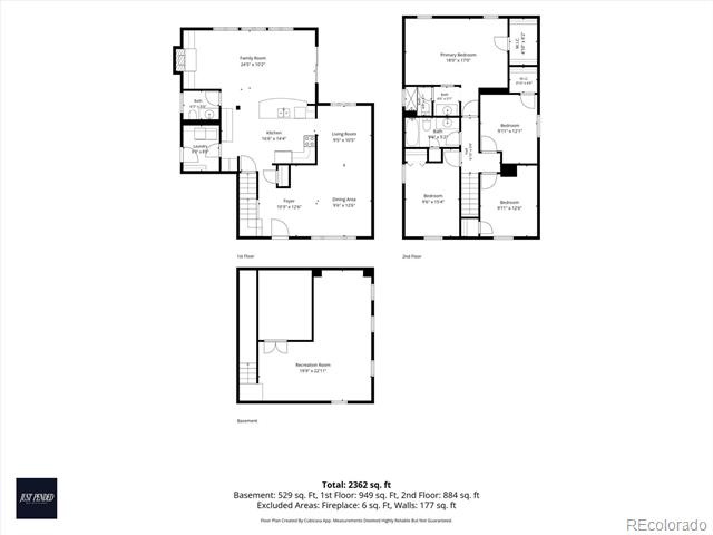 Three-level floor plan showing basement, first-floor, and second-floor layouts.