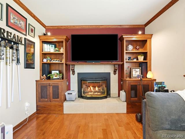 Living room with built-in wooden shelving, a television, and a gas fireplace.
