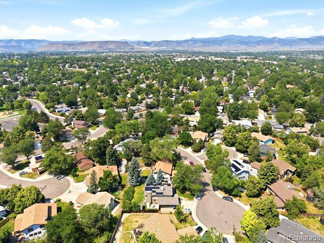Aerial view of a leafy residential neighborhood with a distant mountain range.