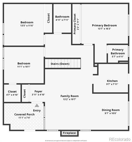 Home floor plan showing bedrooms, family room, kitchen, dining room, and a covered porch.