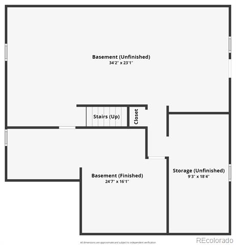 Basement floor plan with finished and unfinished areas, storage, stairs, and closet.
