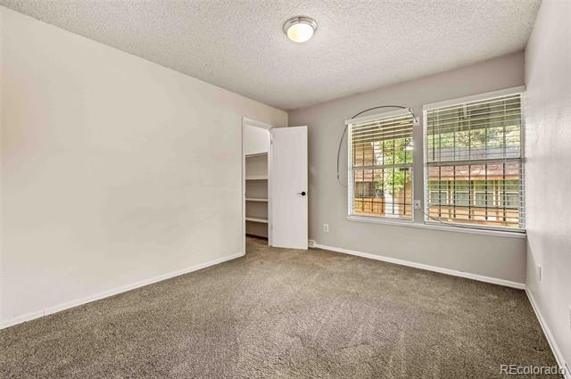 Empty bedroom with beige carpet, two windows with blinds, and an open closet door.