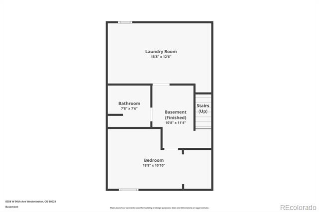 Finished basement floor plan showing a bedroom, bathroom, laundry room, and stairs.