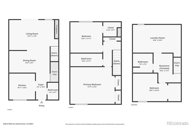 Three-level floor plan showing the living areas, bedrooms, bathrooms, laundry room, and finished basement.