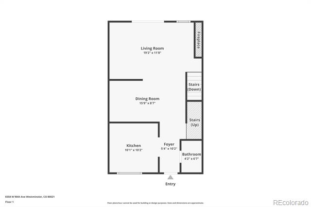 First-floor plan showing the living room, dining room, kitchen, bathroom, and stairs.