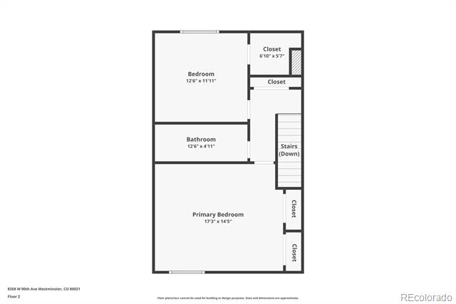 Second-floor plan with two bedrooms, a bathroom, closets, and stairs leading down.
