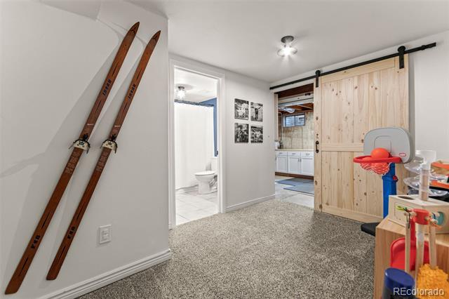Carpeted room with wall-mounted skis, a sliding barn door, and a children’s basketball hoop.