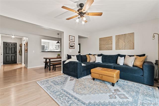 Living room with a navy sectional, patterned rug, and ceiling fan.