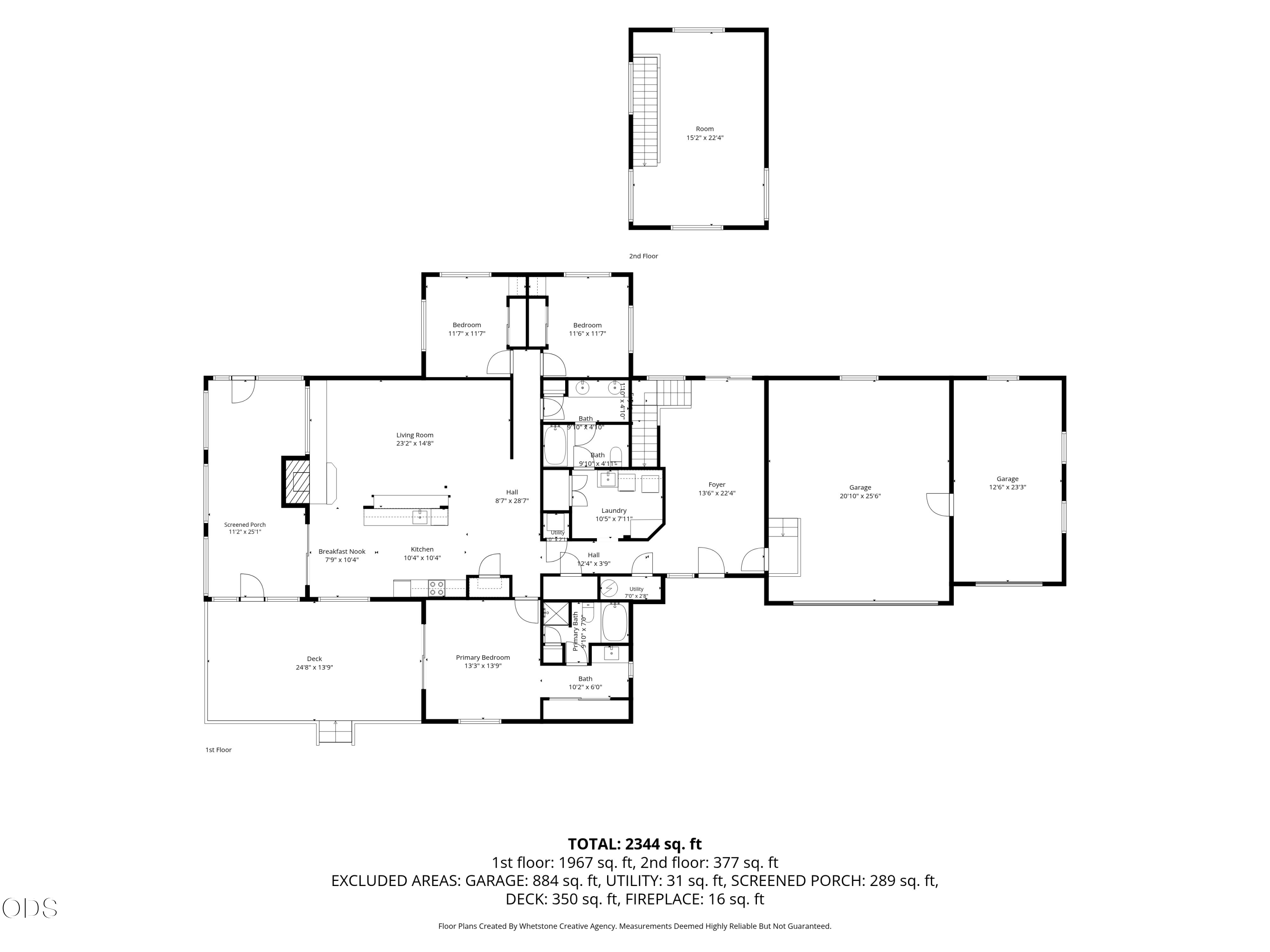 Two-level floor plan showing a three-bedroom home, screened porch, deck, and two-car garage.