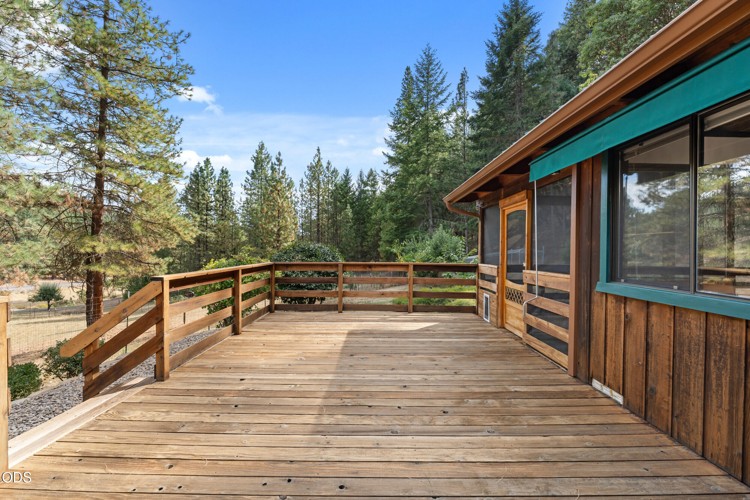 Wooden deck beside a rustic home, overlooking evergreen trees, with a teal awning and screened porch.