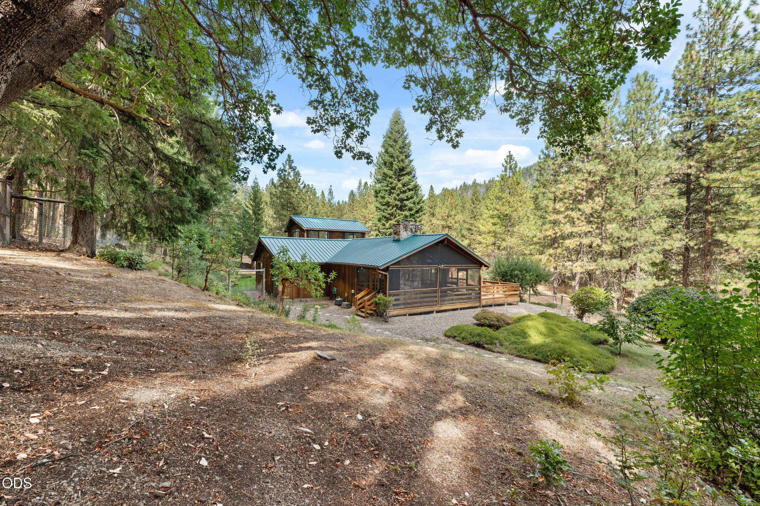 Wood-sided house with a metal roof and screened porch among tall trees on a sloping lot.
