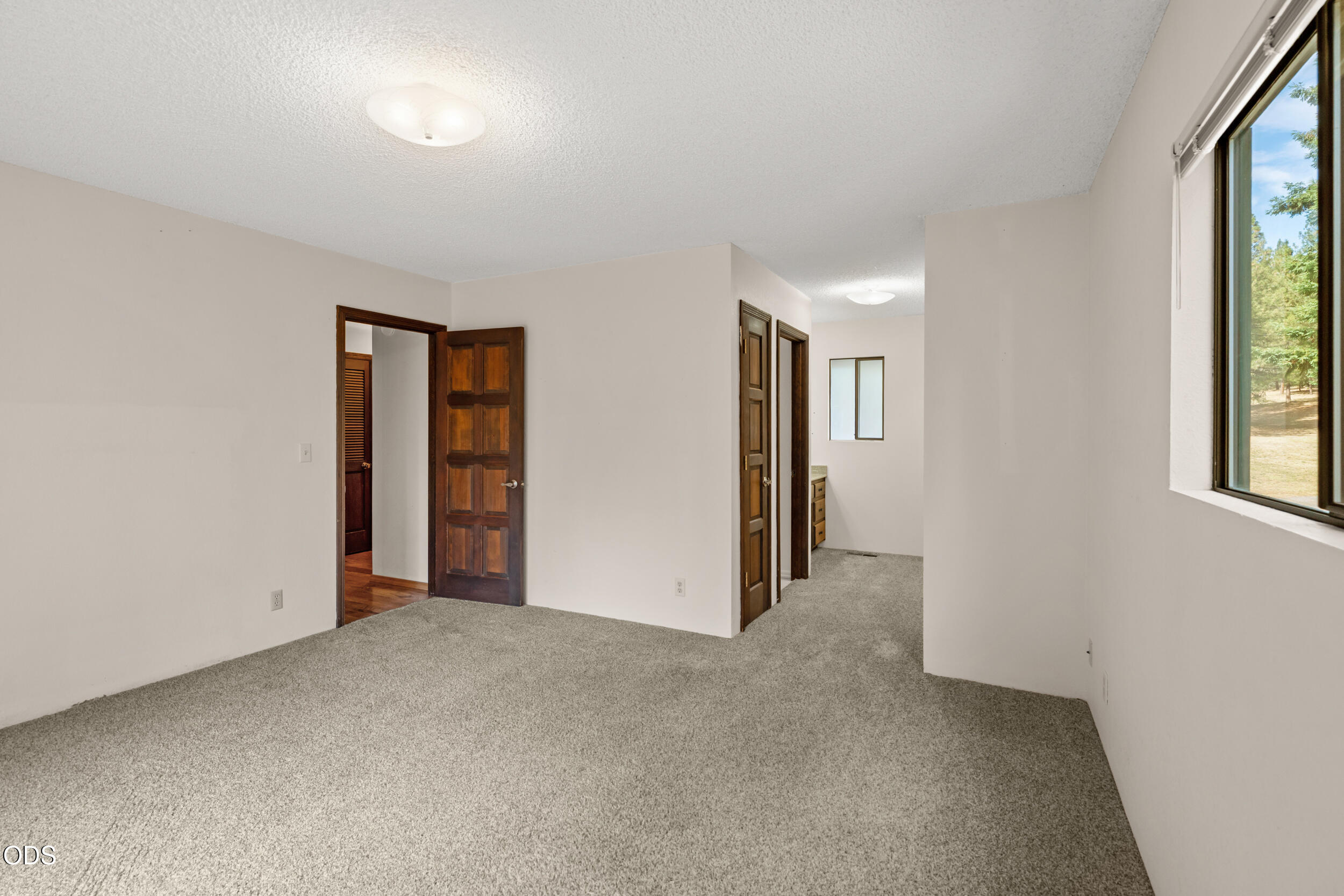 Empty carpeted bedroom with dark wood doors and a large window overlooking trees.