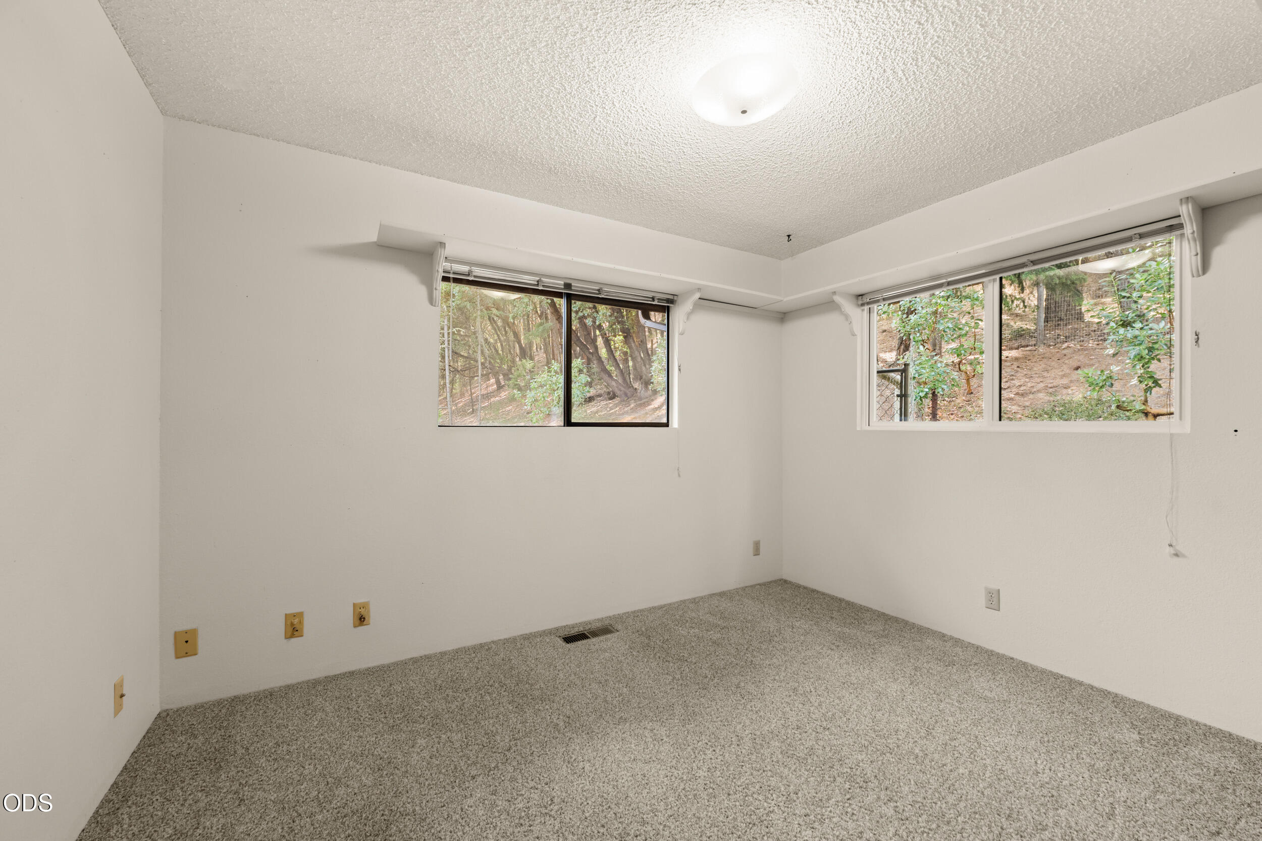 Empty carpeted room with two windows overlooking trees.