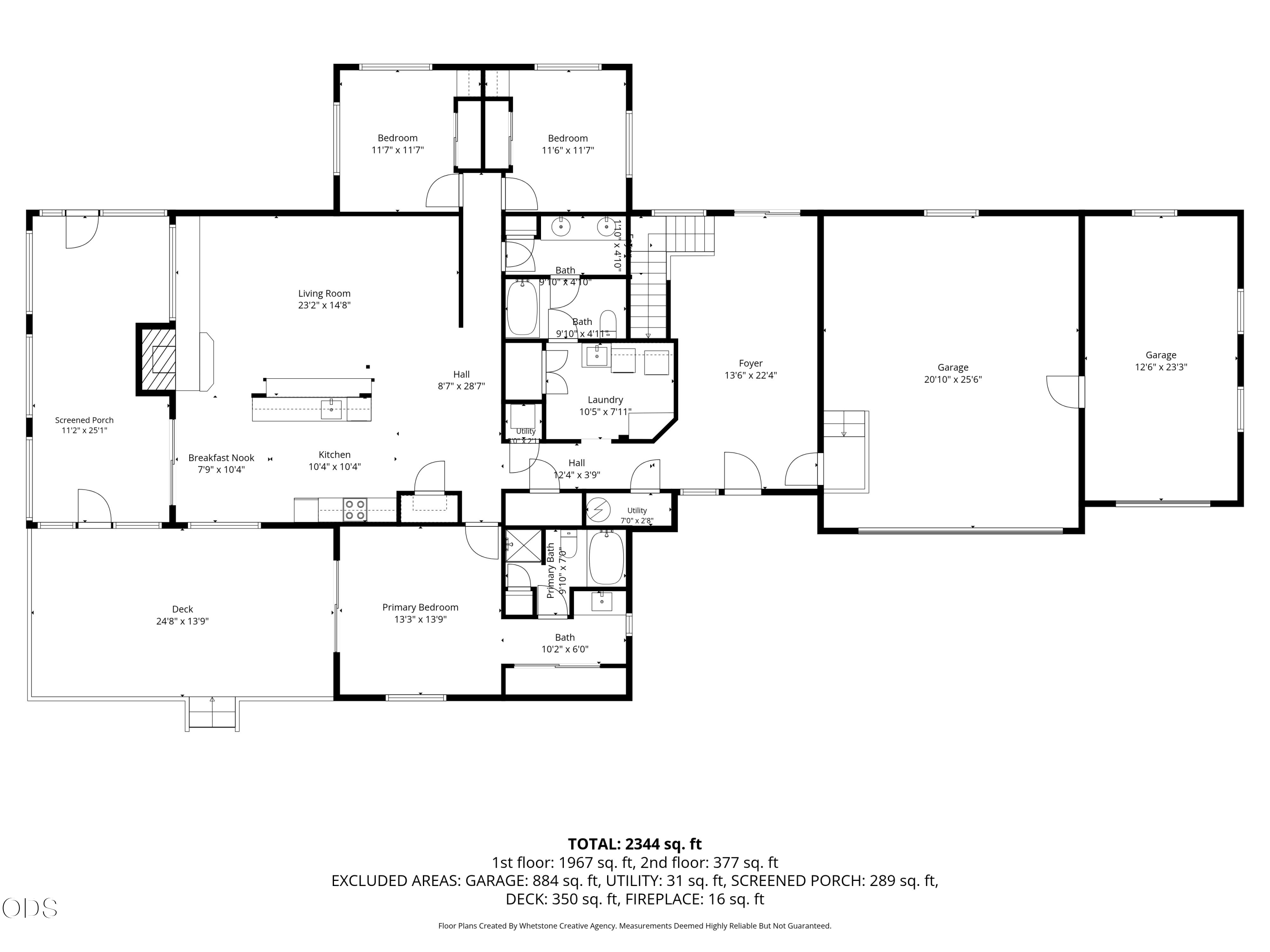 Floor plan showing a three-bedroom home, screened porch, deck, and two-car garage.