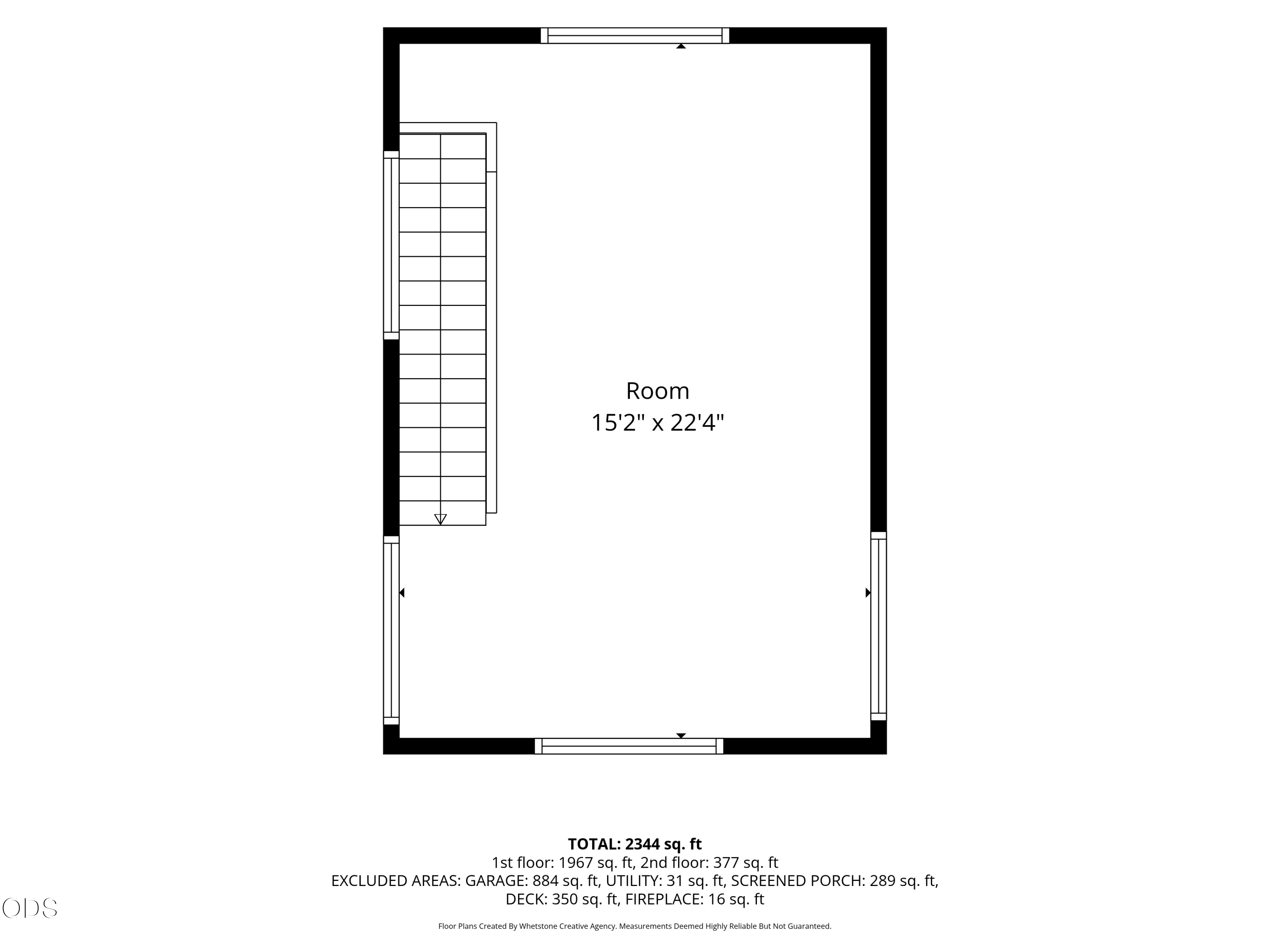 Floor plan with a staircase along the left wall and a 15-by-22-foot room.