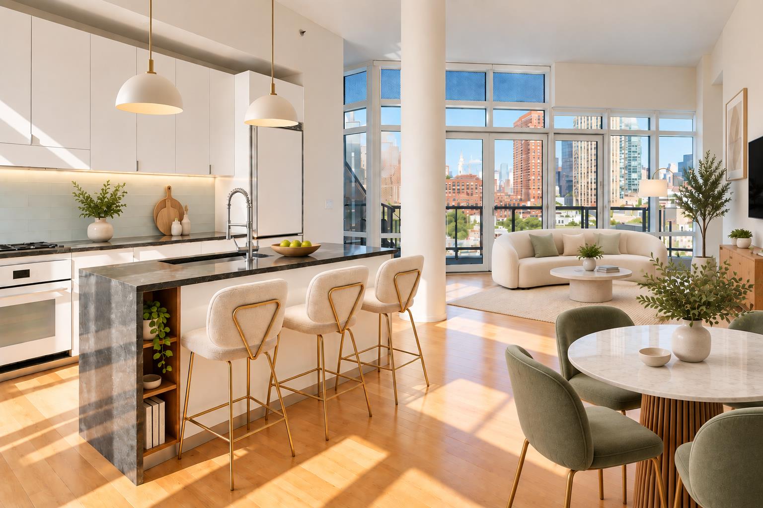 Open-plan kitchen and living area with a marble island and floor-to-ceiling windows overlooking the city.