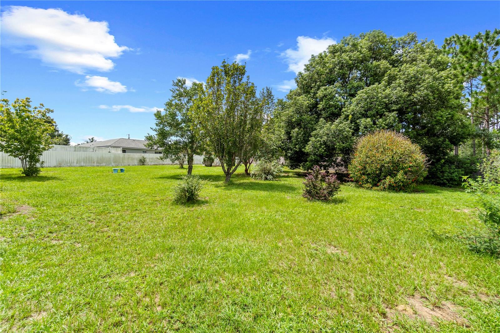 Grassy backyard with mature trees and shrubs beside a white fence.