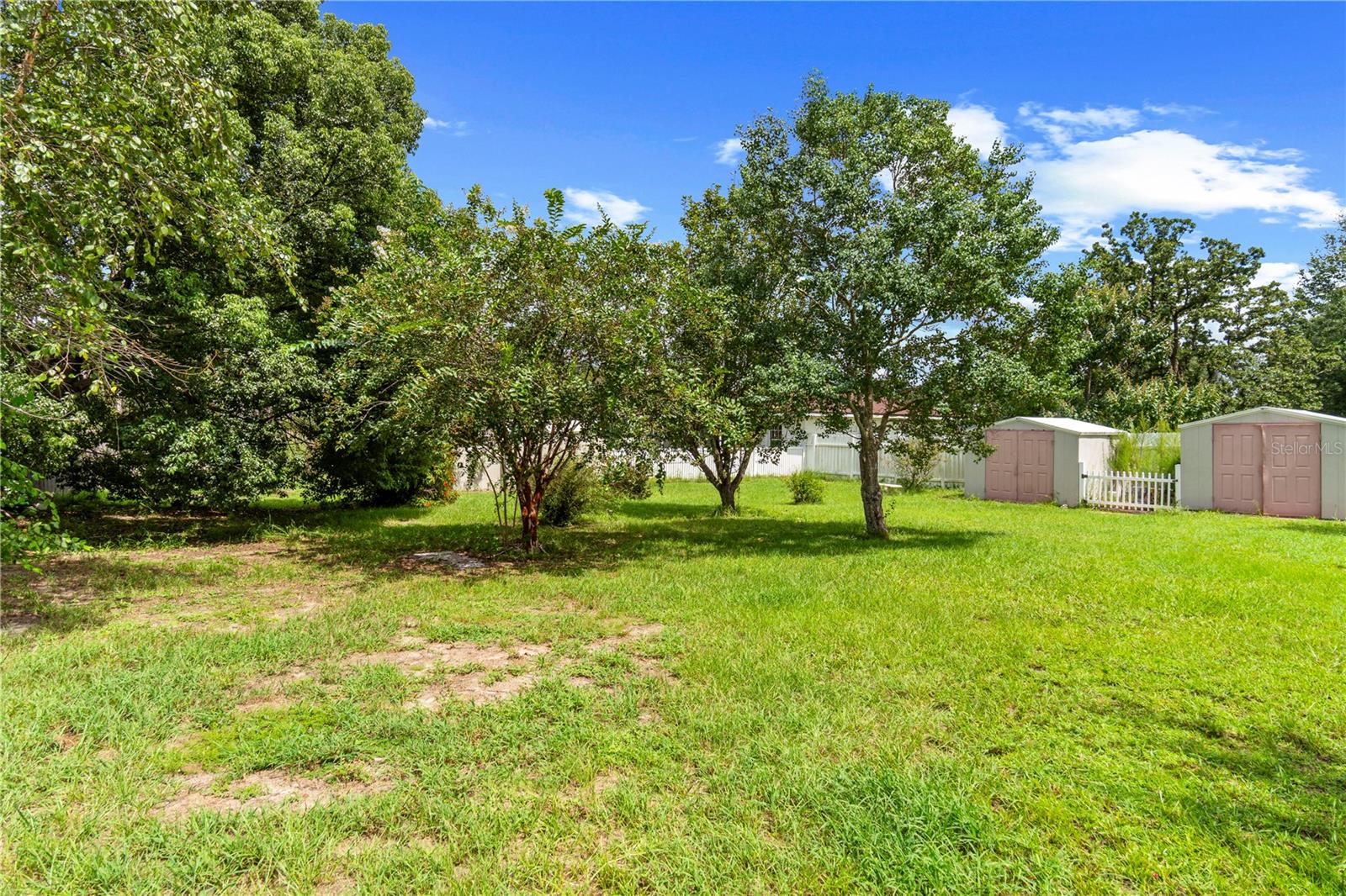 Grassy backyard with mature trees, a white fence, and two small sheds.