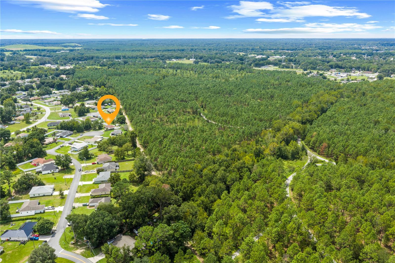 Aerial view of homes beside a large wooded area, with an orange marker identifying a location.