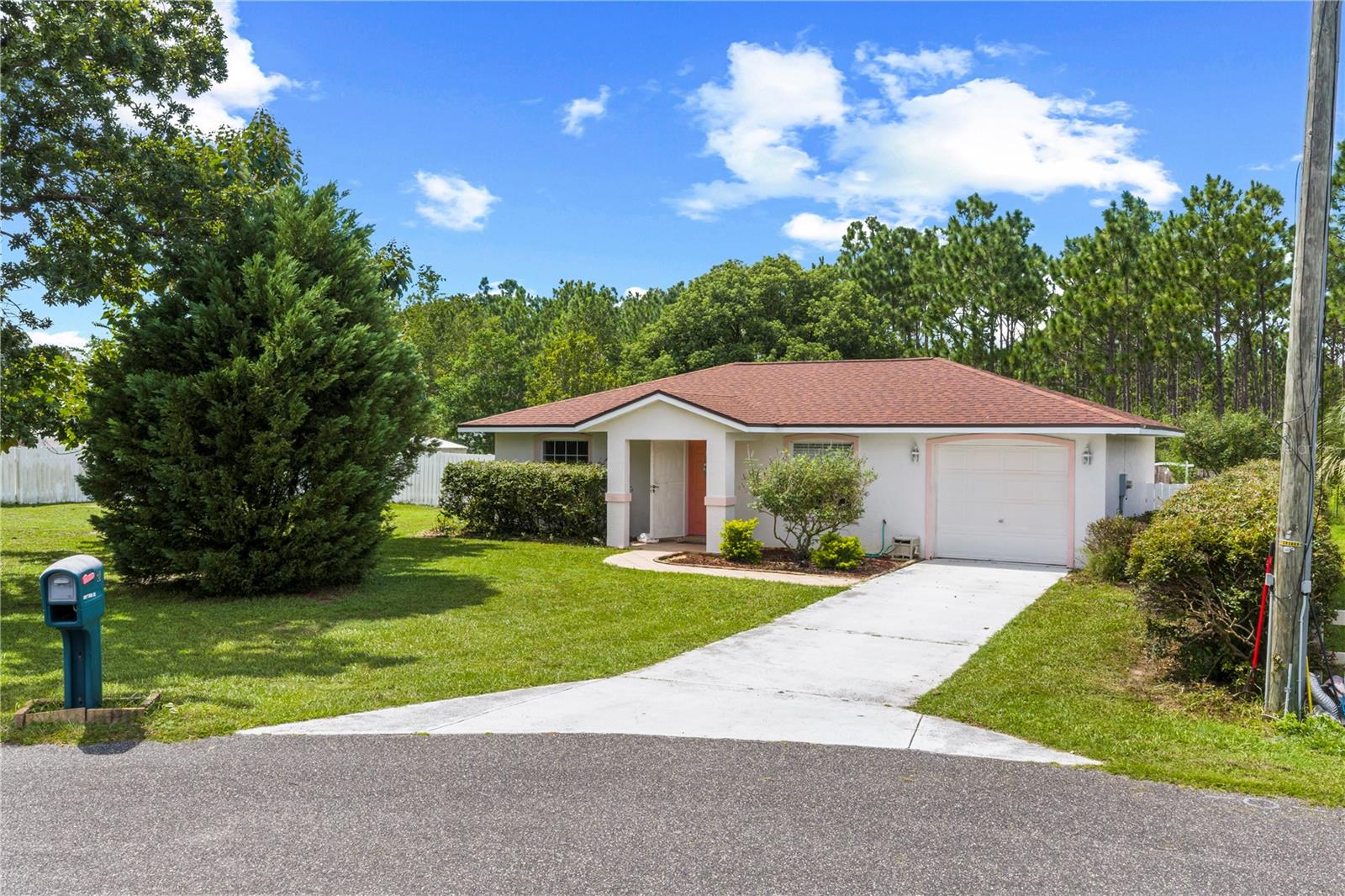 Single-story home with an attached garage, concrete driveway, and mature trees.