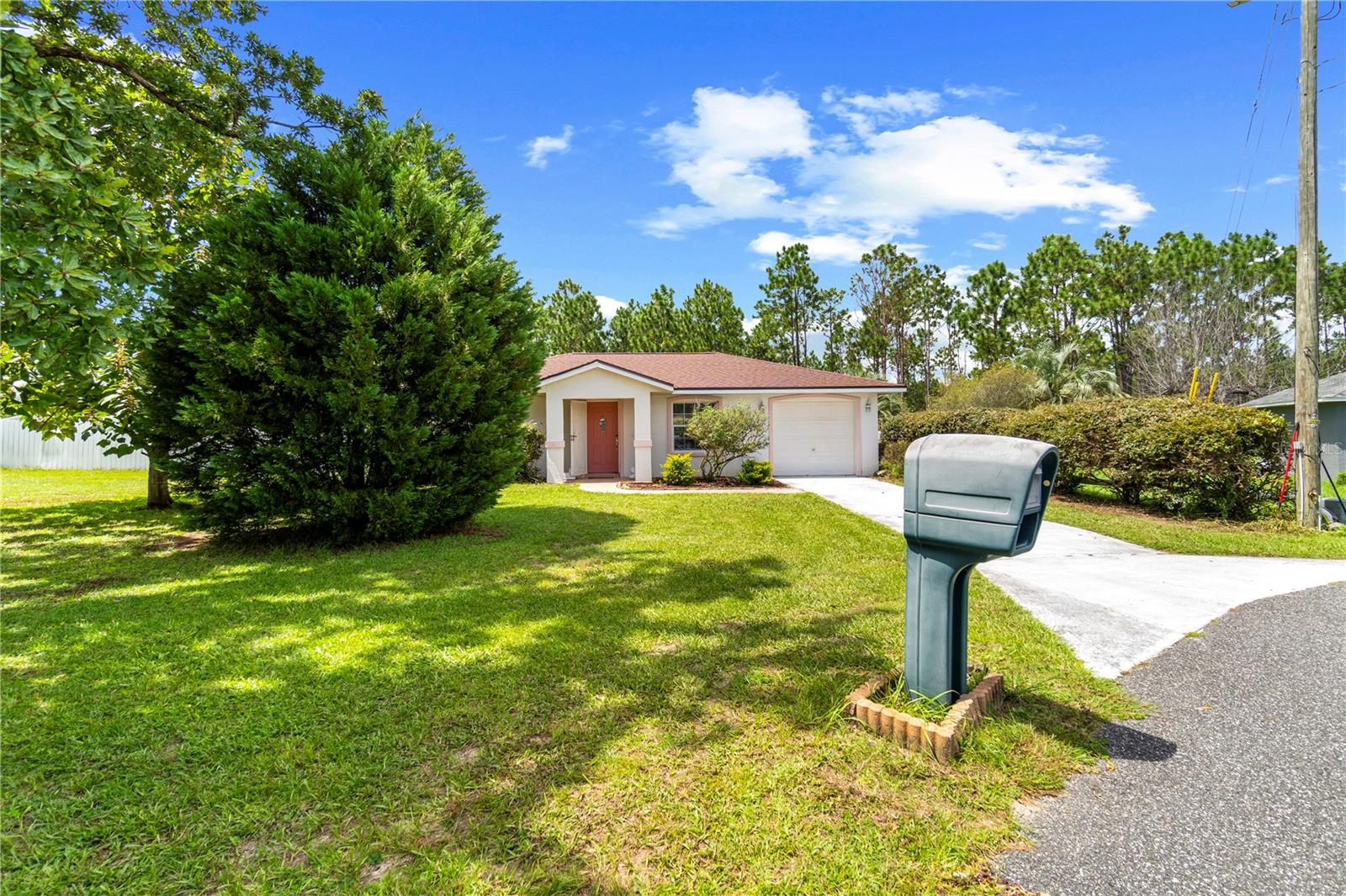 Single-story home with an attached garage, broad lawn, and mailbox beside the driveway.