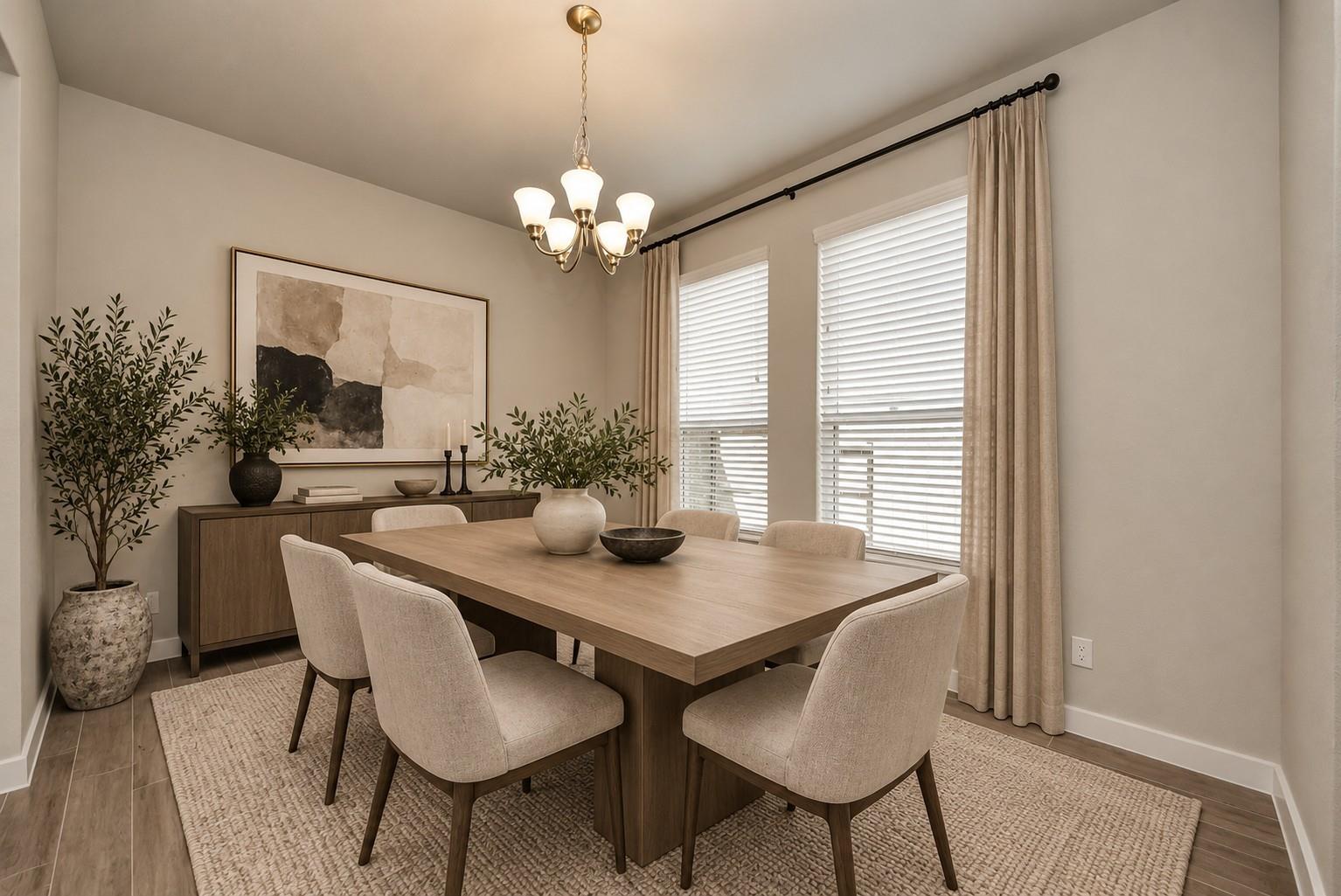 Staged dining room with a long wood table, upholstered chairs, and chandelier.