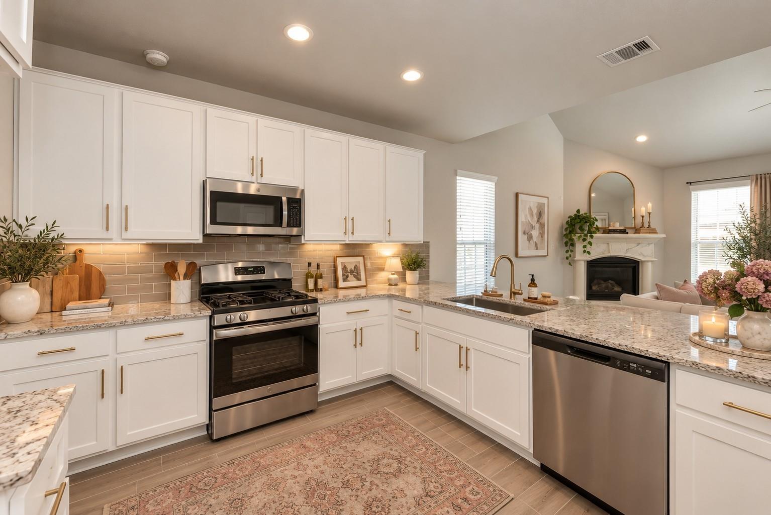 White kitchen with stainless steel appliances, stone counters, and a fireplace visible beyond the peninsula.