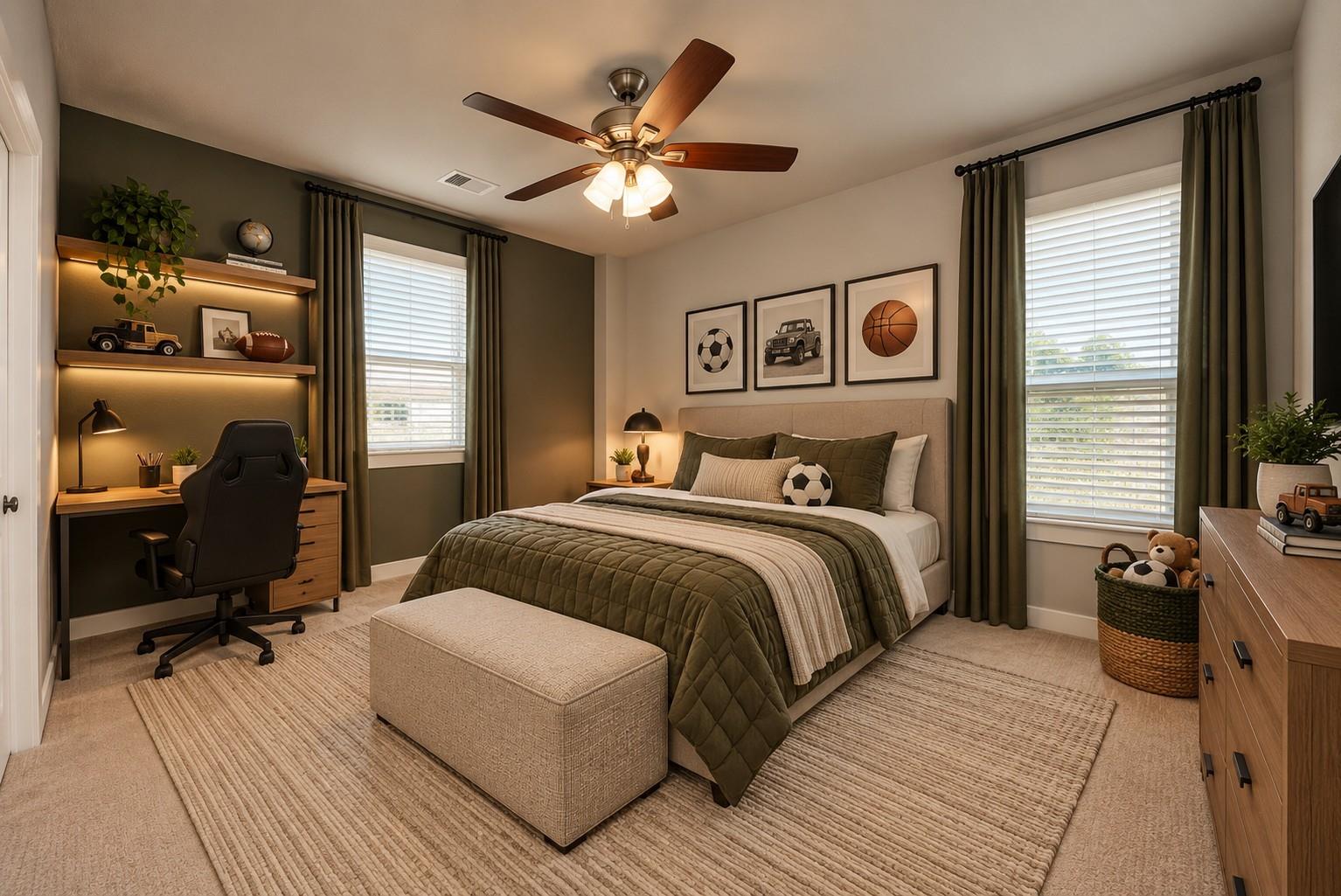 Bedroom with olive green bedding, soccer decor, and a built-in desk and shelves.
