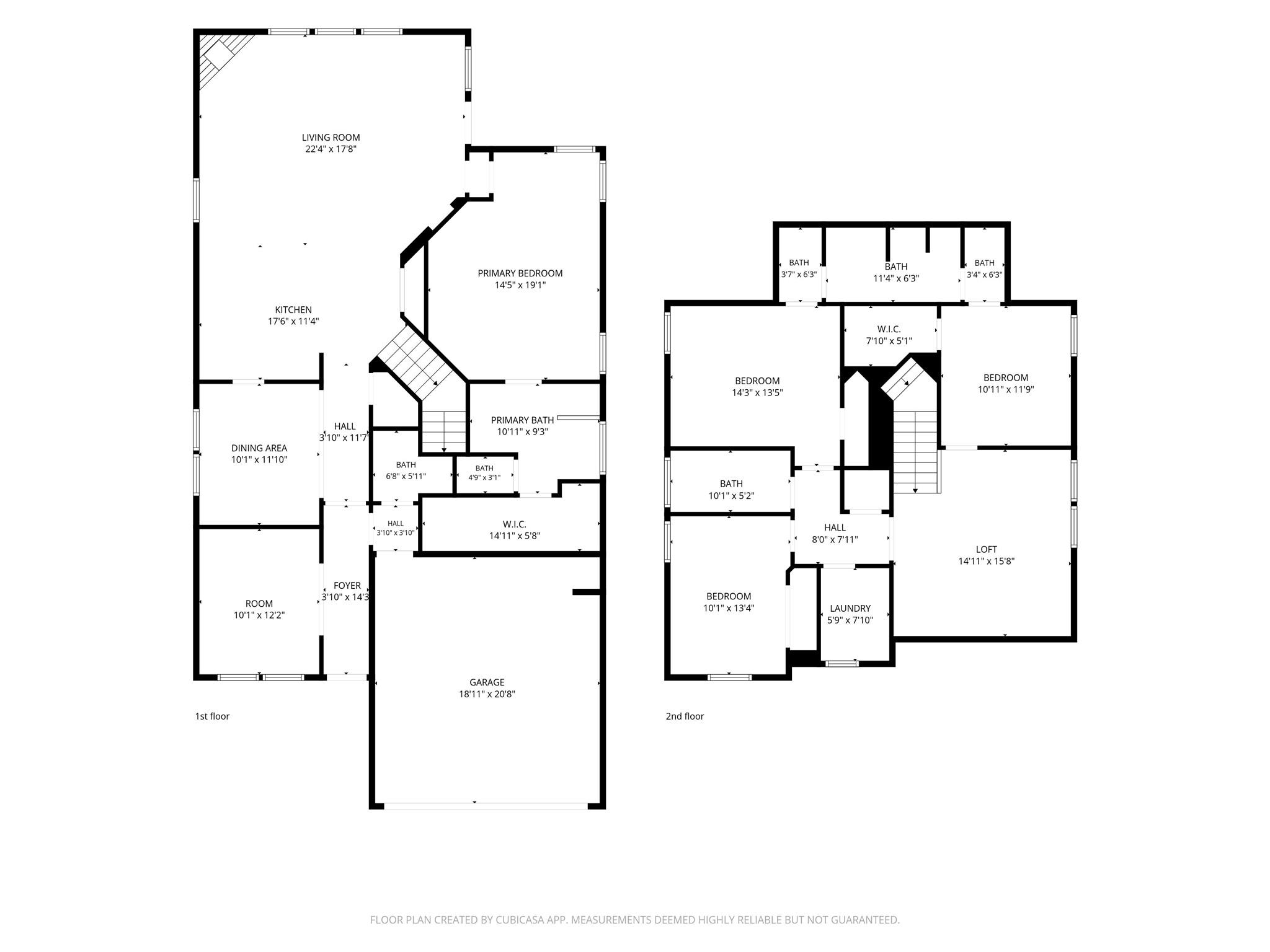 Two-story home floor plan with labeled rooms, dimensions, stairs, and an attached garage.