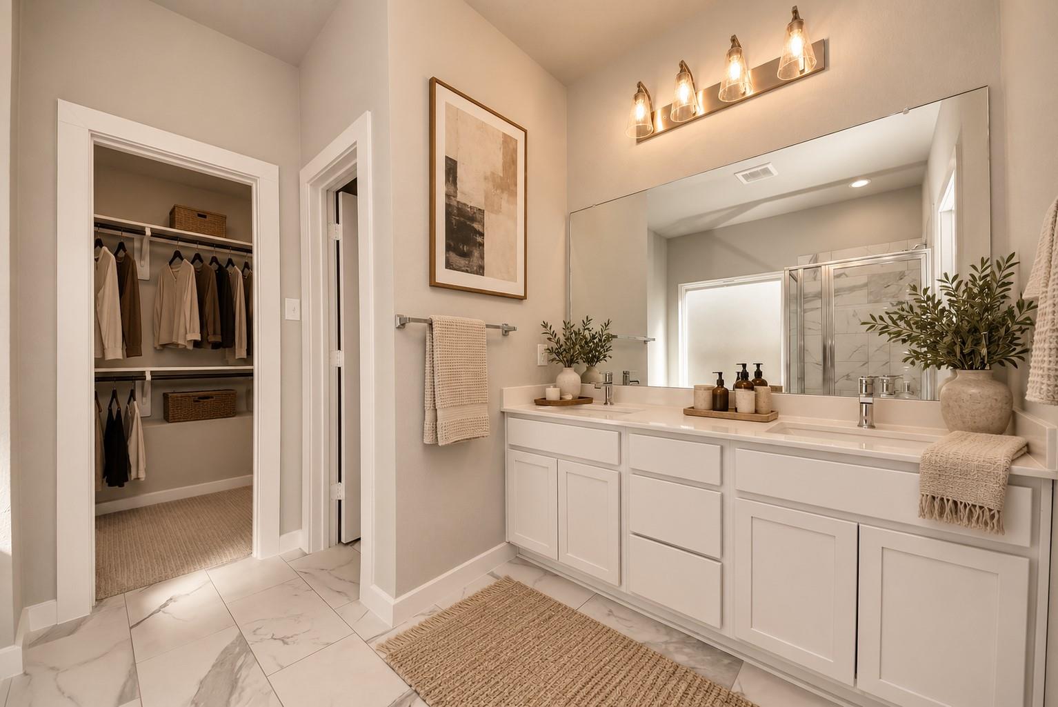Primary bathroom with a white double vanity and large mirror beside an open walk-in closet.