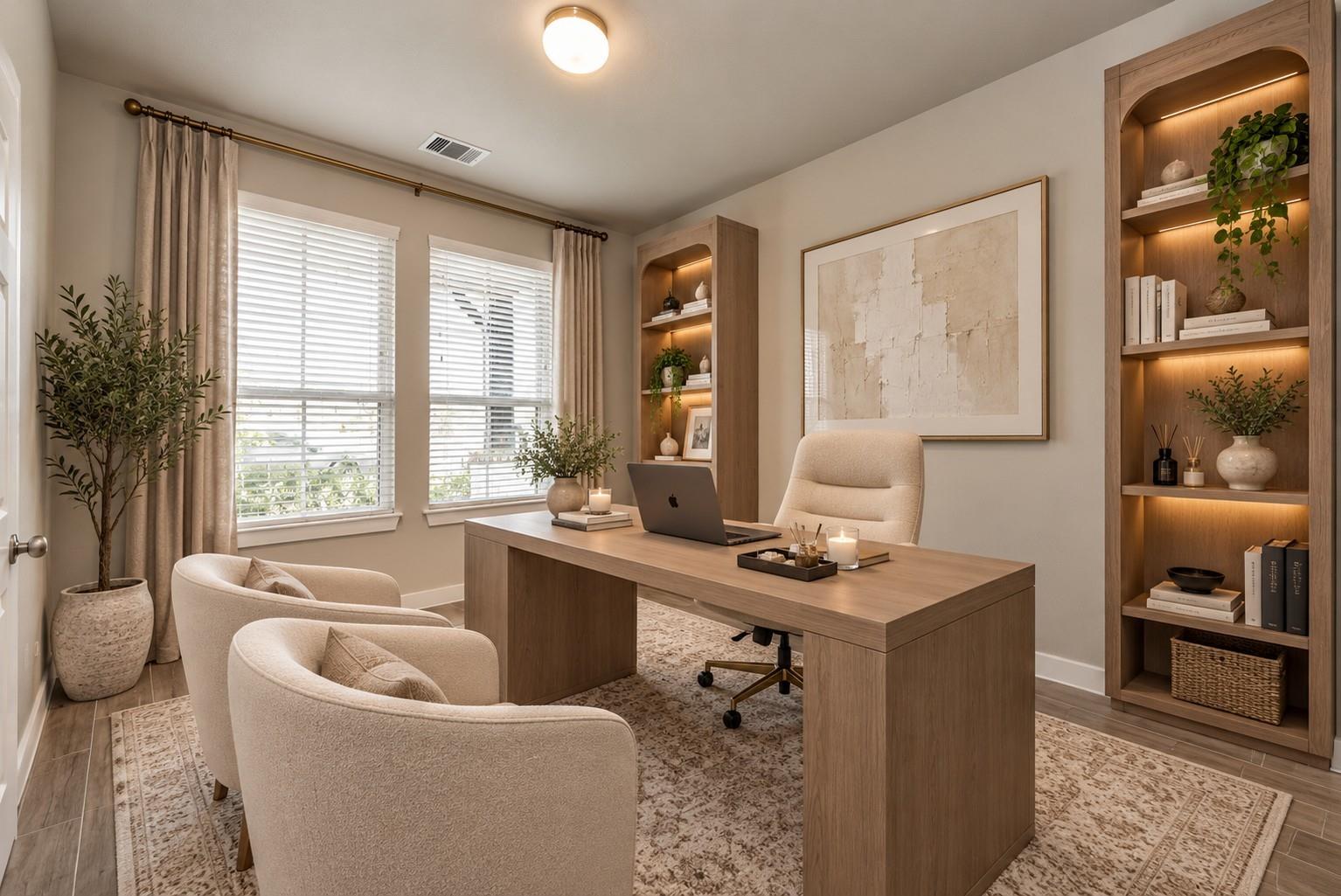 Furnished home office with a wood desk, guest chairs, and illuminated built-in bookcases.