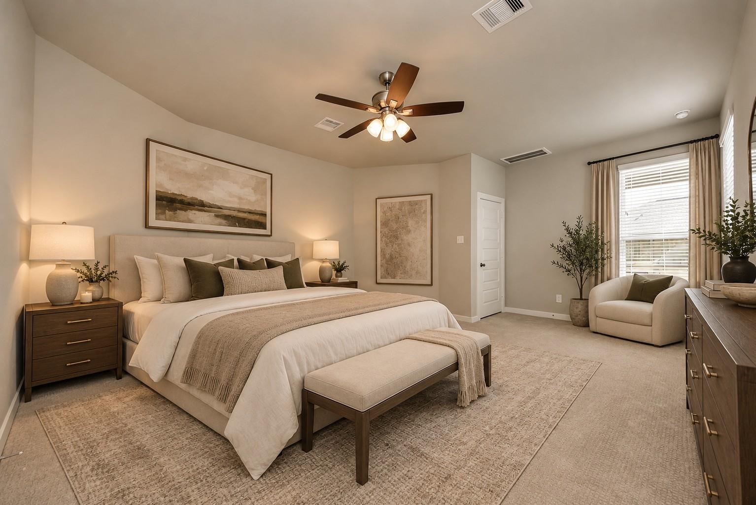Staged bedroom with a large upholstered bed, neutral decor, ceiling fan, and chair beside a curtained window.